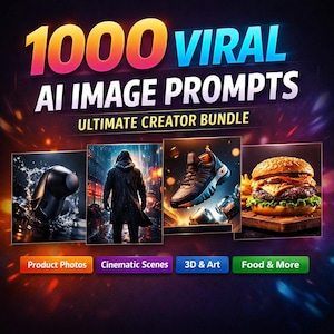 May include: A promotional graphic with the text "1000 VIRAL AI IMAGE PROMPTS" and "ULTIMATE CREATOR BUNDLE". The image features four sample images: a product photo, a cinematic scene, 3D art, and a food image. Buttons below the images read "Product Photos", "Cinematic Scenes", "3D & Art", and "Food & More".