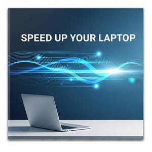 Puede incluir: Un portátil plateado se encuentra sobre una superficie blanca, con un fondo azul oscuro. El texto "SPEED UP YOUR LAPTOP" está presente. El fondo muestra líneas abstractas azules y blancas y efectos de luz.