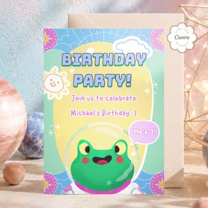 May include: A rectangular birthday party invitation card featuring a green frog wearing a space helmet. The text reads BIRTHDAY PARTY! Join us to celebrate Michael's Birthday :) and He's 3! The background is light blue and yellow with stars.