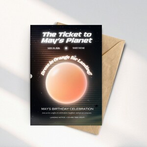 May include: A birthday invitation with a space theme. The invitation reads "The Ticket to May's Planet" with the date May 24, 2026. It features an orange planet graphic and the text "Dress in Orange for Landing?" and "May's Birthday Celebration."