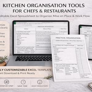 May include: A laptop, tablet, and printed sheets display an Excel spreadsheet for kitchen organization. The text reads "Kitchen Organisation Tools for Chefs & Restaurants." Additional items include a timer, spices, and vegetables. The spreadsheet is fully customizable.