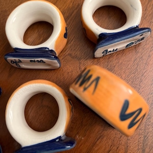 Vintage 1988 Gail Pittman Zig Zag Napkin Rings - Set of 6 - Hand-Painted Studio Pottery
