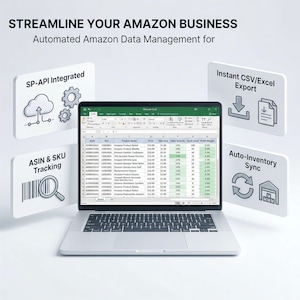 Może przedstawiać: Laptop z arkuszem kalkulacyjnym do zarządzania danymi Amazon. Ekran pokazuje szczegóły produktów, ceny i dane sprzedaży. Wokół laptopa znajdują się ikony integracji SP-API, natychmiastowego eksportu CSV, śledzenia ASIN i SKU oraz automatycznej synchronizacji zapasów.