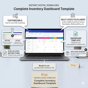 Modèle de tableau de bord d'inventaire Expédié par Amazon | Suivi automatisé des stocks (téléchargement numérique)