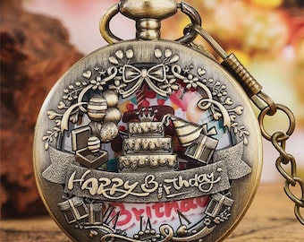 Vintage-stil Grattis på födelsedagen-tema Unisex Quartz fickur FOB-kedja