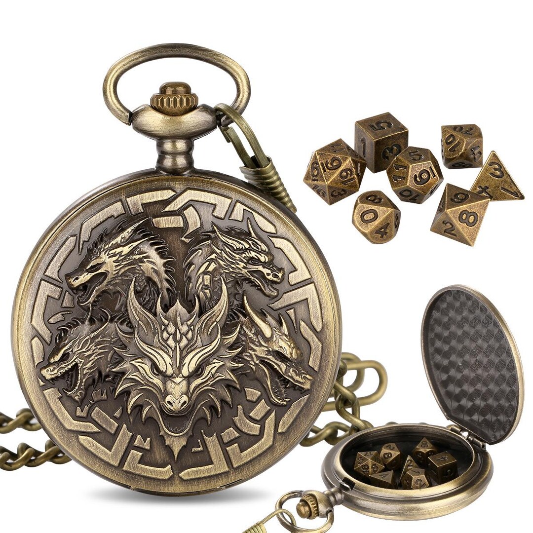 Dnd Stylewatch Bronze Five-headed Dragon Pocket Watch With DND Dice Holder | Steampunk ...