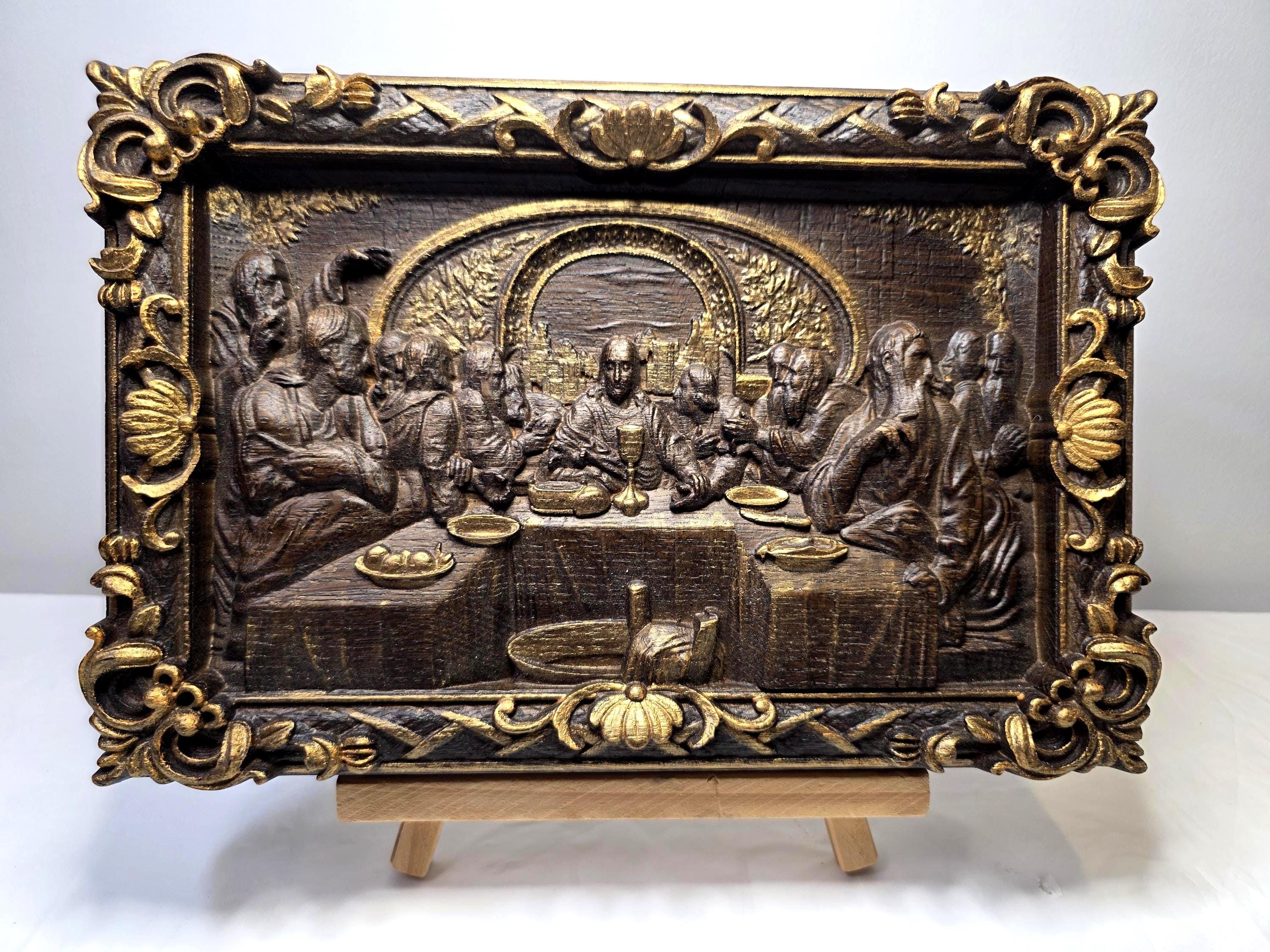 Last Supper Wood Wall Plaque Relief Gold Framed Religious Christian ...