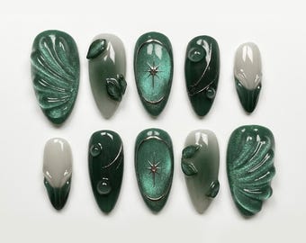 Green Cat Eye Press on Nails Handmade | Wavy Forest Fairycore Gel Nails | 3D Leaf Custom Luxury Reusable Fake Nails | Press on Nails