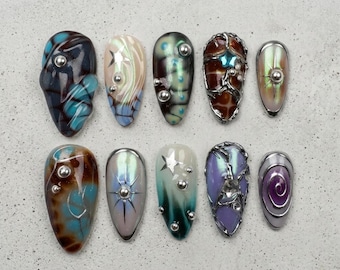 Handmade 3D Silver Chrome Press On Nails | Luxury Liquid Metal Y2K Cyberpunk Aesthetic | Custom Stiletto Fake Nails | Edgy Gothic Art