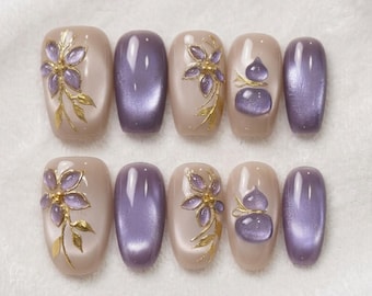 Handgjorda lila cat eye-pressnaglar | 3D Hulu Gourd Oriental Art | Anpassade återanvändbara lyxiga gelnaglar | Personlig present till henne