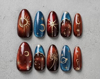 Unghie finte personalizzate riutilizzabili a tema celeste, occhio di gatto, galassia, sole, luna e stelle / Unghie finte a mandorla scintillanti da incollare
