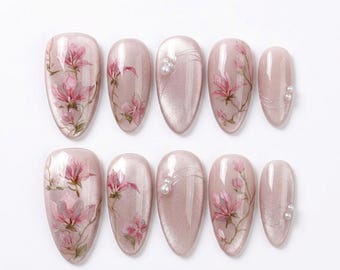 Spring Magnolia Art Press On Nails | Hand Painted Floral Gel Nails | Luxury Reusable Fake Nails | Custom  Manicure Gift For Her