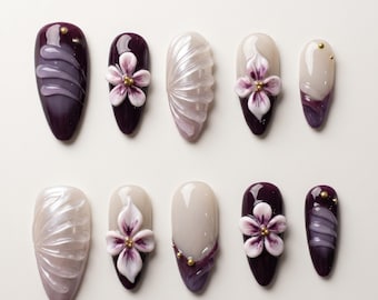 Unhas Postiças 3D Florais Roxas | Unhas Postiças Amêndoa de Luxo Feitas à Mão | Unhas Postiças 3D Florais Lavanda Fairycore | Unhas de Gel Personalizadas e Reutilizáveis