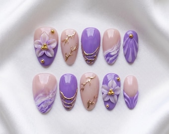 Uñas postizas florales 3D moradas / Uñas postizas de gel UV personalizadas hechas a mano de lujo / Diseño de uñas 3D de flores de lavanda reutilizable / Elegante set de regalo para novias