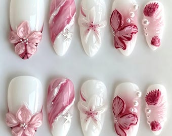 Drücken Sie auf die Nägel | Luxus Kokette Ästhetische Nagelkunst | Handgefertigte Wiederverwendbare Sommer Gefälschte Nägel | Kundenspezifisches weiches rosa Mandelkleber