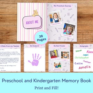 May include: A memory book for preschool and kindergarten students. The cover features a pink background with a bear illustration and the words "About Me." Inside, there are pages for photos, handprints, and autographs. The book has 38 pages.
