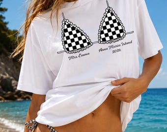 T-shirt de bikini de plage personnalisé Bachelorette, t-shirt coquillage Bride Club, chemises de mariée confort personnalisées, tenue oversize décontractée, voyage de fête