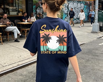T-shirt Sunshine State of Mind, t-shirt palmier de plage rétro, chemise de vacances esthétique, haut tendance décontracté d'été, tenue quotidienne confortable