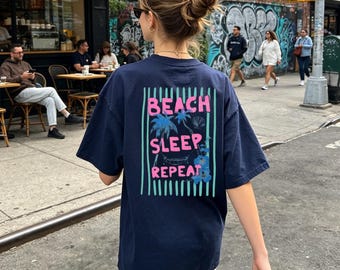 T-shirt à répétition pour sommeil de plage, t-shirt graphique vacances d'été rétro, cime de palmiers côtiers, tenue de plage décontractée, vêtements d'été quotidiens confortables