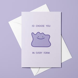 May include: A greeting card featuring a purple Ditto character and the text "I'D CHOOSE YOU IN EVERY FORM." The card is set against a lavender backdrop with a white envelope.