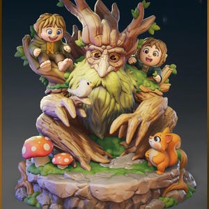 May include: A detailed figurine depicting a tree-like figure with a long beard, surrounded by two small figures, a bird, a squirrel, and mushrooms. The sculpture is in shades of brown, green, and orange, with a whimsical, cartoonish style.