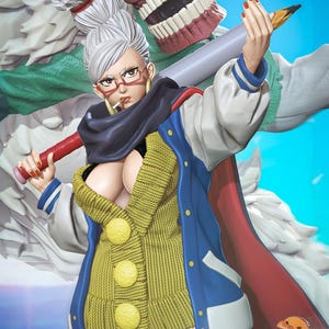Pode incluir: Figura detalhada de uma mulher com cabelo branco, óculos e um cigarro, vestindo um suéter amarelo e uma jaqueta azul. Ela segura um bastão vermelho e prateado, com uma figura de monstro atrás dela. A figura tem uma pose dinâmica.