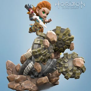 May include: A stylized figurine of a character from "Horizon Zero Dawn" poised in action. The figure has red hair and is wearing a tan and blue outfit, holding a weapon. The figurine is atop a mechanical creature with brown and gray details. The game's logo is visible.