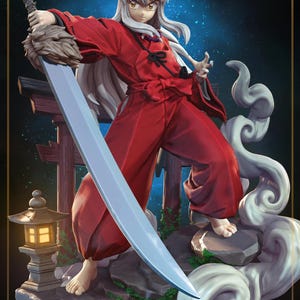 May include: A detailed figurine of a character with long white hair and dog-like ears, wearing a textured red kimono. The character holds a large silver sword and stands on a rocky base with a stone lantern and a red torii gate in the background.