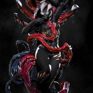 Puede incluir: Una figura negra y roja con una máscara blanca con forma de araña y un diseño similar a un simbionte. La figura está rodeada de zarcillos y púas, con un fondo oscuro. La figura está en una pose dinámica, sugiriendo acción.