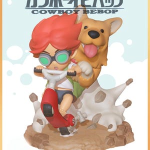May include: A Cowboy Bebop figurine depicting a character with red hair and goggles on a red scooter, with a dog. The figurine has a light blue background and Japanese text. The base is brown and rocky.