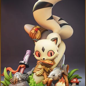 May include: A cream-colored fox-like creature with black-tipped ears and a striped tail, holding an orange fish in its mouth. The scene includes a silver sword, a campfire with a silver fish, green grass, a red mushroom, and a small fish skeleton.
