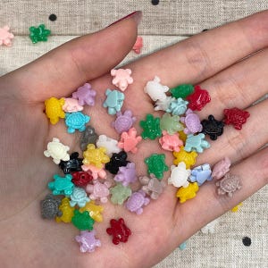 May include: A collection of small, multi-colored turtle-shaped beads in various shades including red, yellow, green, blue, pink, purple, black, white, and grey. These miniature plastic turtle charms feature detailed shell patterns and smooth finishes.