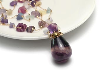 Natürliche Amethyst Parfüm Flasche Anhänger, bunte Kies Perlen Kette ätherisches Öl Diffusor Halskette