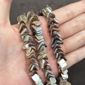 May include: A strand of chevron-shaped beads crafted from iridescent mother-of-pearl shell. The beads feature a natural color palette of brown, gray, cream, and white tones with a glossy, reflective finish, strung together in a continuous line.