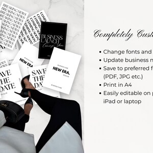 May include: A selection of black and white business cards with phrases such as "Coming Soon" and "Save the Date" scattered on a marble surface. The image also includes the text "Completely Customisable."
