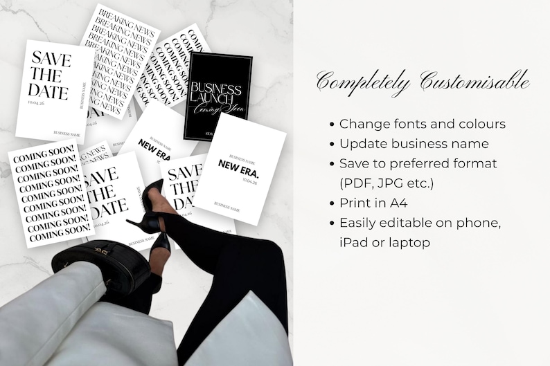 May include: A selection of black and white business cards with phrases such as "Coming Soon" and "Save the Date" scattered on a marble surface. The image also includes the text "Completely Customisable."
