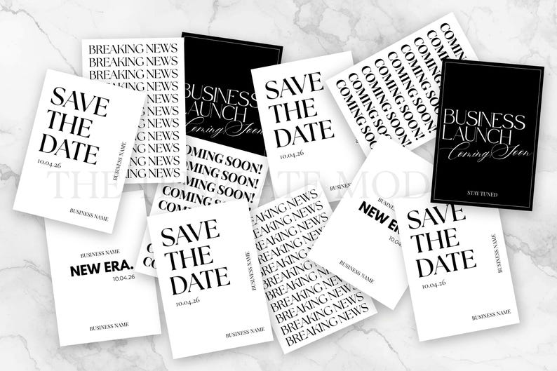 May include: A selection of monochrome announcement cards. The cards display phrases such as "Save the Date," "Business Launch," and "Coming Soon!" in a contemporary font. Some cards have the text "Breaking News."