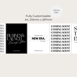 May include: A set of monochrome business announcement templates. The designs feature text such as "Breaking News," "Business Launch," "Coming Soon," and "Save the Date." The templates are A4 size, 210mm x 297mm.