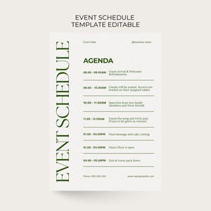 Könnte beinhalten: Eine bearbeitbare Veranstaltungsplan-Vorlage mit weißem Hintergrund und dunkelgrünem Text. Das Dokument enthält die Überschrift EVENT SCHEDULE, einen AGENDA-Bereich mit Zeitfenstern von 08:00 bis 17:00 Uhr sowie Platzhalter für Datum, Firmenname, Telefonnummer und Website.