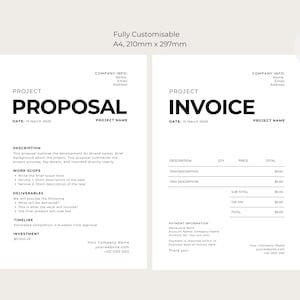 May include: A minimalist design template featuring a "Project Proposal" and an "Invoice" layout. The documents are in black and white, with headings and sections for project details, dates, and company information. The dimensions are A4, 210mm x 297mm.