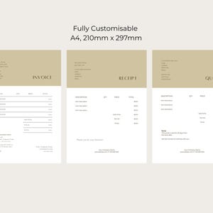May include: Three customizable A4-sized templates for business documents: invoice, receipt, and quote. Each template features a beige header and a white body with placeholder text. The dimensions are 210mm x 297mm.