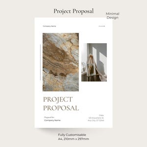 Könnte beinhalten: Minimalistische Projektvorschlagsvorlage mit dem Titel "Project Proposal". Das Design umfasst eine Marmortextur und ein kleines Foto. Das Dokument ist im A4-Format, 210 mm x 297 mm, und vollständig anpassbar.
