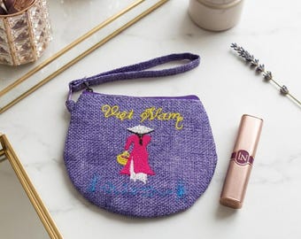 Vietnamese Embroidered Coin Purse, Purple Burlap Pouch, Ao Dai Conical Hat Design