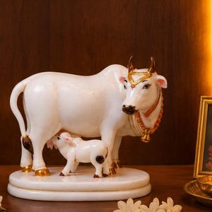 May include: A white marble statue of a cow and calf standing on an oval base. The cow features gold-painted horns, hooves, and a decorative collar. The sculpture is positioned on a wooden surface alongside a brass bell, a small oil lamp, and a framed picture.