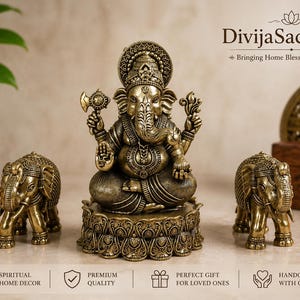 Handcrafted Brass Ganesha Idol and Elephant Pair | Hindu Home Decor Set image 1