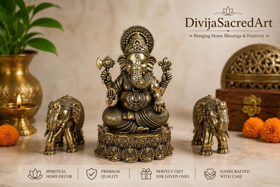 Handcrafted Brass Ganesha Idol and Elephant Pair | Hindu Home Decor Set