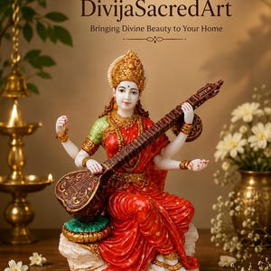 Handgjord Saraswati gudinnastaty med Veena, hinduisk gudomsidol, rödguldfinish