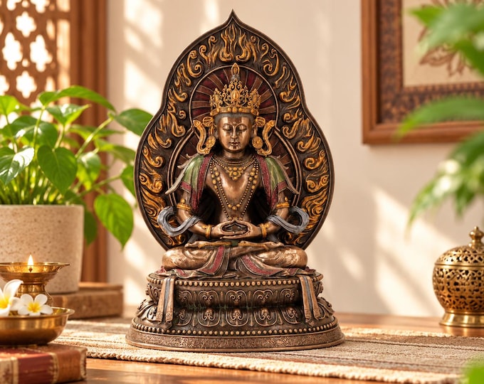 Bronze Buddha Statue with Ornate Halo, Meditating Buddha Idol, Antique Gold Buddhist Decor, Zen Home Altar, Spiritual Gift