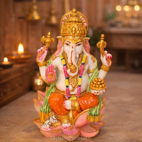 Ganesha Statue Sitting on Lotus | Lord Ganesha Idol, Spiritual Decor, Antique Gold Accents