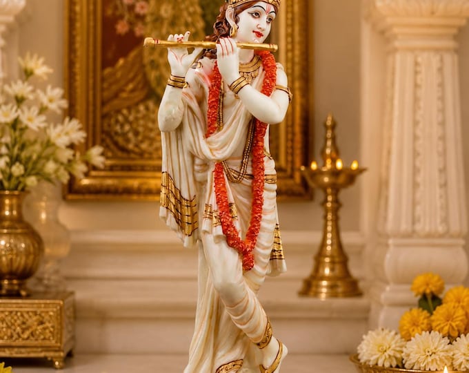 Lord Krishna Flute Statue | Ivory Resin Hindu Home Temple Decor (25 cm)